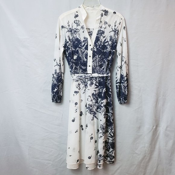Dresses & Skirts - Women's White Semi Sheer Blue Floral Henley V Neck Tie Waist Knee Length Dress